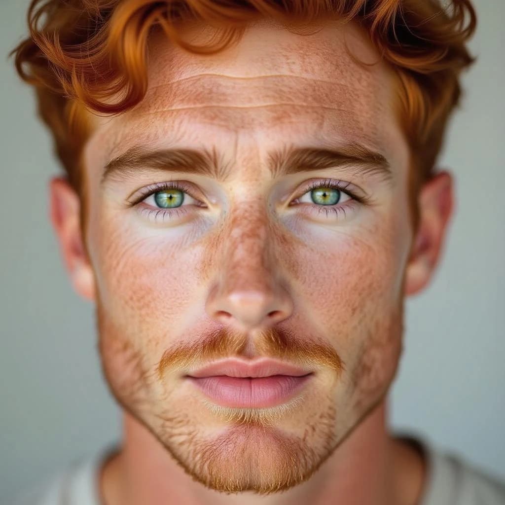 Shoot a natural light headshot of a red-haired man with freckles, green eyes.