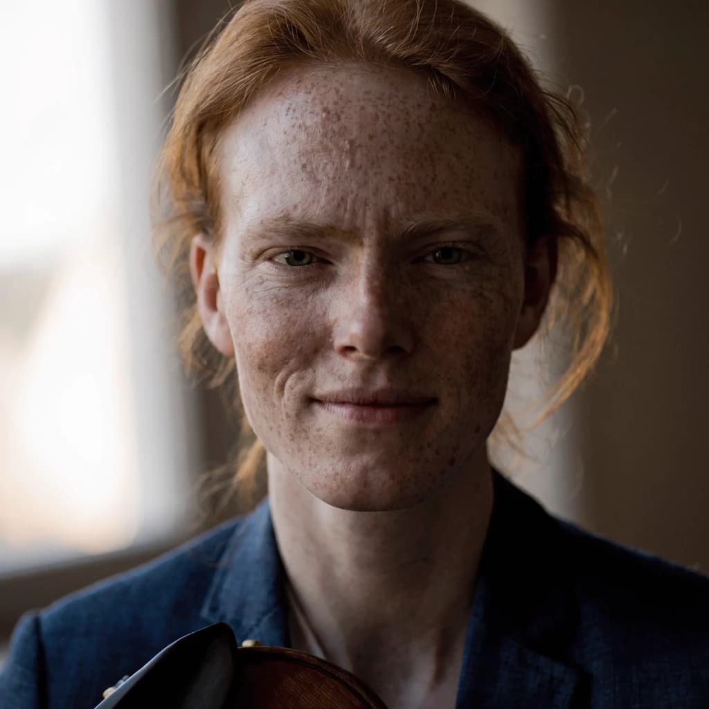 Capture a head-and-shoulders portrait of a freckled red-haired violinist in a navy blazer, soft window light, 85mm at f/1.8, gently smiling yet serious eyes, muted tones.