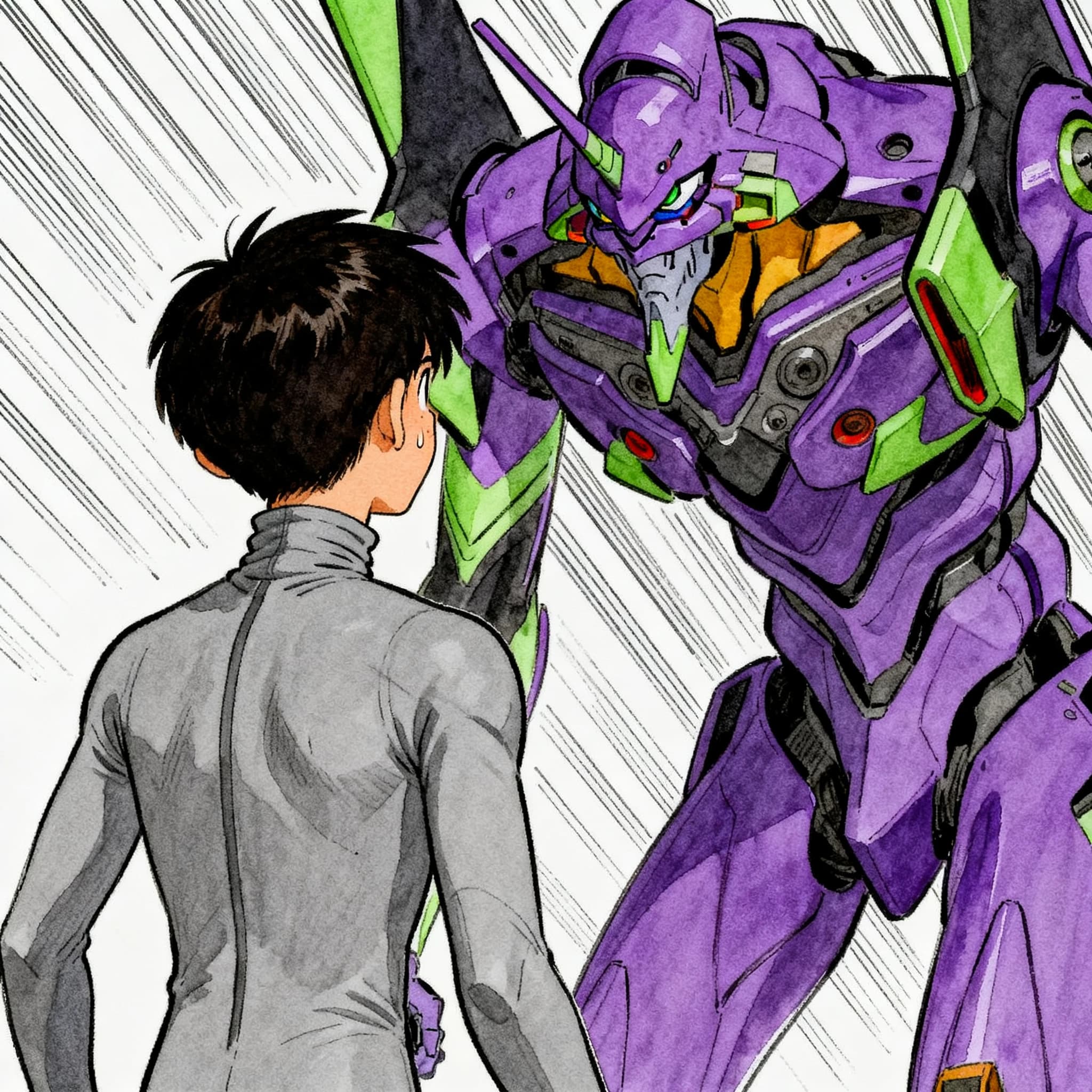 Clad in his body suit up to the neck, young Masa nervously approaches the towering mech with his back facing us. He is nervous for his first time in the field. The mech's bright purple colour scheme contrasts with the grey body suit. The scale of the mech dwarfs Masa. Hand drawn style