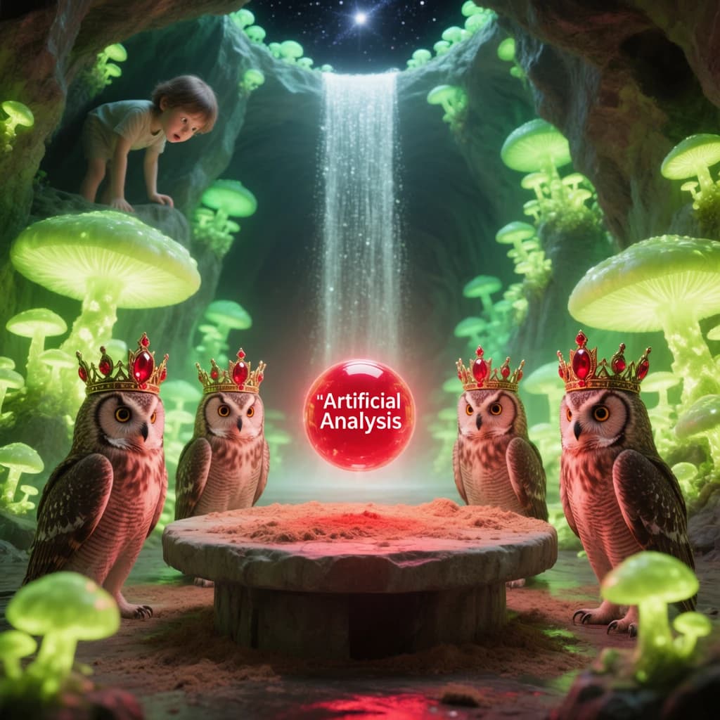 In a cavern lined with bioluminescent fungi glowing lime green, the council of owls wear jeweled crowns that glimmer with rubies, their wings folded behind their backs. Dust coats the stone table, a glowing orb inscribed with “Artificial Analysis” hovers above the table illuminating the owls with its red pulsating light. Behind them, a waterfall falls upward into a ceiling that opens onto stars - a child looks down in wonder from above at what he has stumbled across.