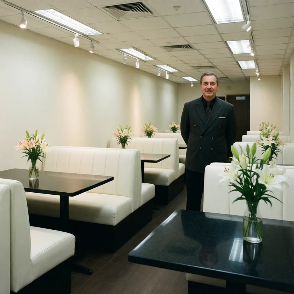 The place is almost empty. The banquettes are covered in white leather, the tables black granite, and the entire room is bathed in halogen track lighting that seems too bright. The maître d’ wears a double-breasted wool crepe jacket. There are lilies on every table.