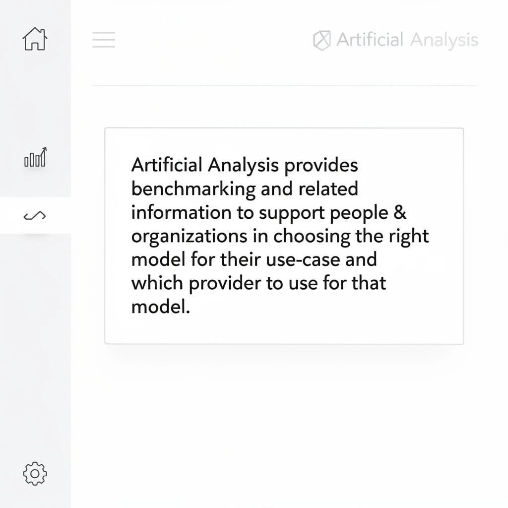 On a high-resolution dashboard mockup with a clean white background, display a centered text module in Helvetica Neue Regular, 18pt, black: “Artificial Analysis provides benchmarking and related information to support people & organizations in choosing the right model for their use-case and which provider to use for that model.” The text box is justified, but the final word wraps awkwardly onto its own line. To the left, a vertical navigation bar in light gray with three icons - home, chart, and settings - aligned evenly but casting misaligned shadows. In the upper right, the Artificial Analysis logo appears faintly, semi-transparent, watermarked over the corner of the interface.