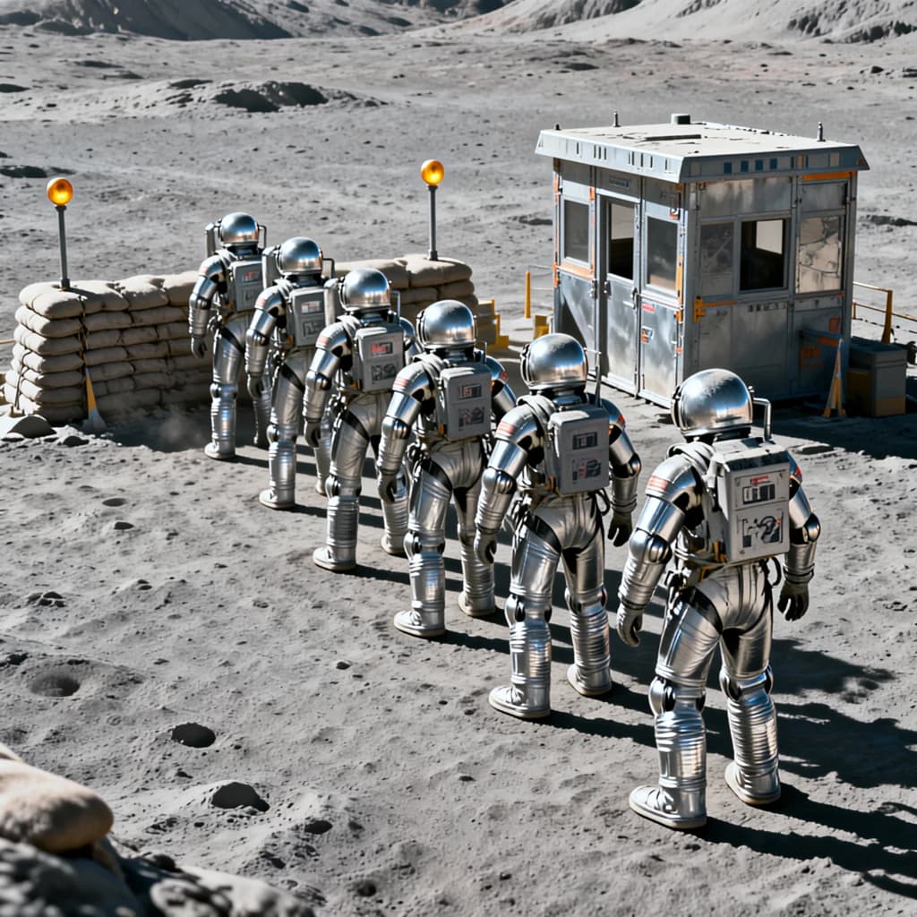 Silver exosuits queue at a dusty lunar checkpoint.