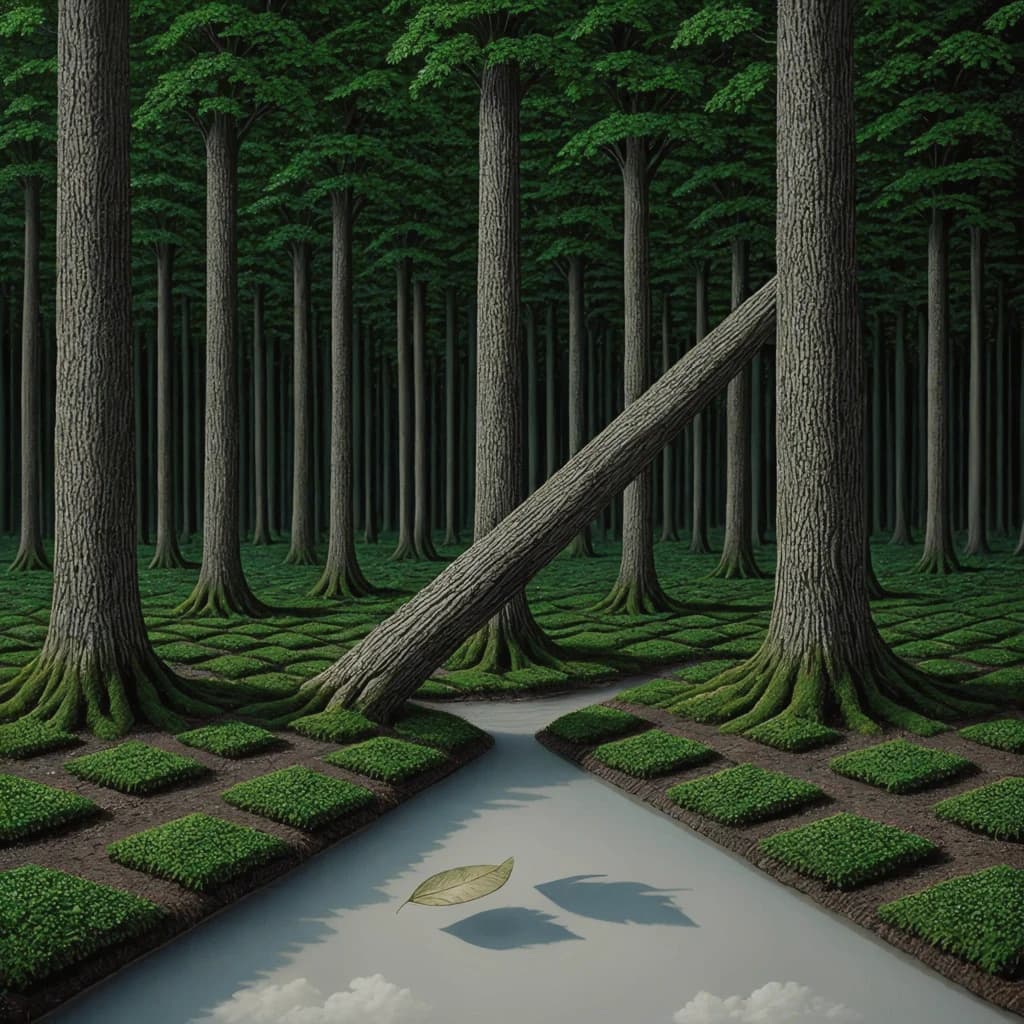 The forest is saturated green, trees identical in height and width, trunks straight, bark texture repeating. One trunk leans diagonally yet the branches remain vertical. The moss is emerald, glistening, though each patch forms identical diamond shapes. A stream runs straight, perfectly linear, water clear, reflecting clouds not visible in the sky. No animals, no insects, but one leaf floats on the water, doubled, showing two overlapping shadows.