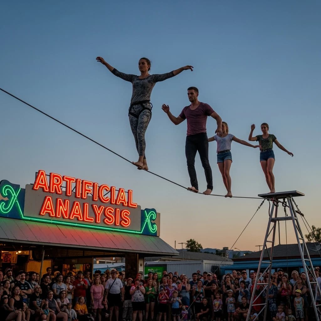 At dusk, high above a carnival crowd, three tightrope walkers balance on a single rope with no aids, one is off balance and grabbing at air. Below, the audience looks upward with baited anticipation. Artificial Analysis is spelled out in the background in carnival lights
