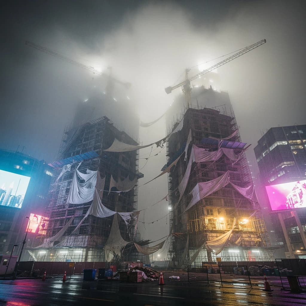 A construction site stretched upward into fog, cranes frozen in silhouette. Wind rattled scaffolding draped with torn mesh that glowed faintly from nearby billboards