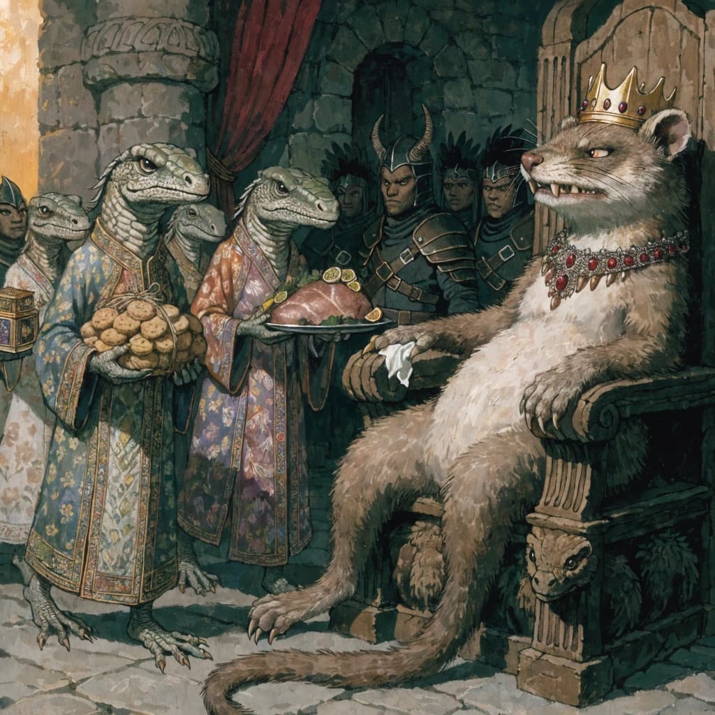Big Weasel, the tyrannical ruler of the Levitus, slouches on his throne, his mood foul but somewhat brightened by the sight of gifts - a wearisome group of lizard traders adorned in fine silks proceed toward him through the hall with their annual tribute of biscuits, ham and gold - Big Weasel's favourites. Big Weasel's entourage looks on with stern approval.
