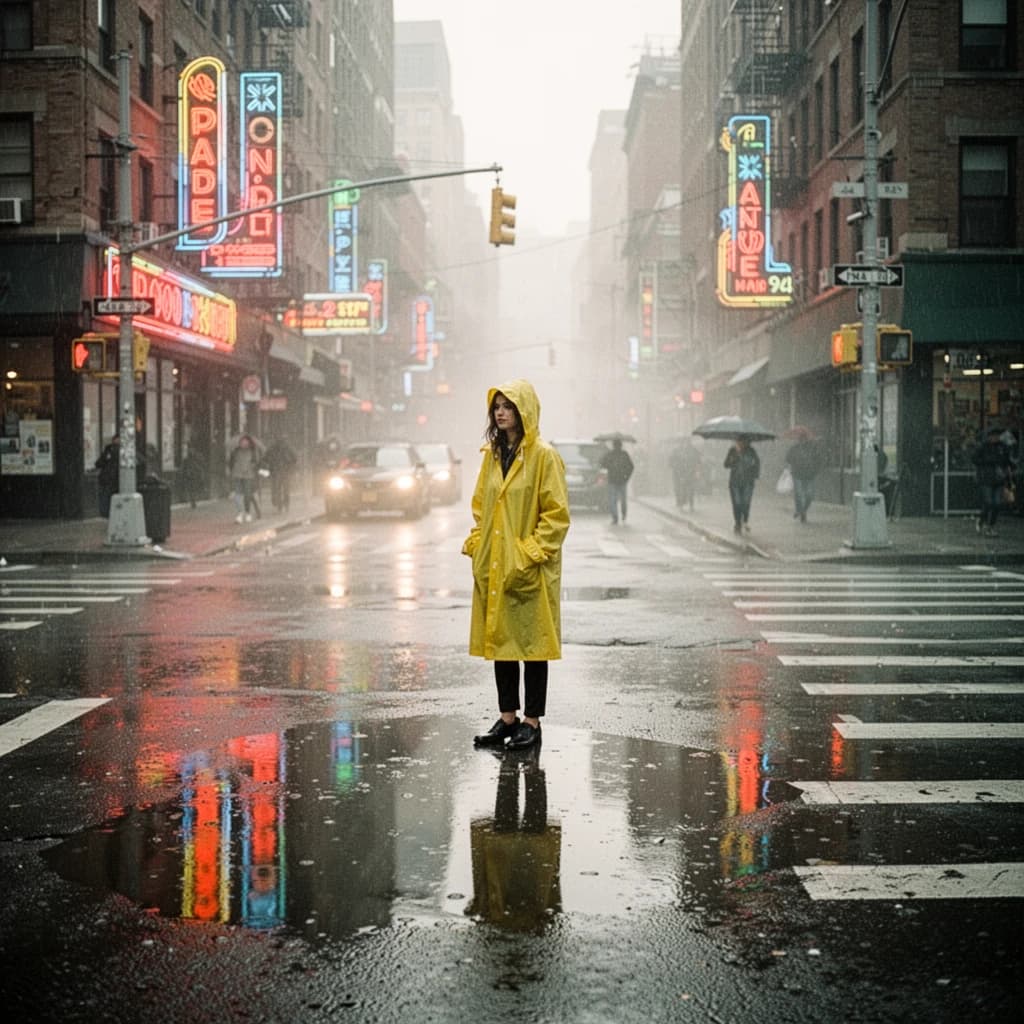 A sunlit city street after rain; puddles mirror neon signs as a woman in a yellow raincoat waits at a crosswalk, soft mist, 50mm look, natural tones, a bit of film grain.