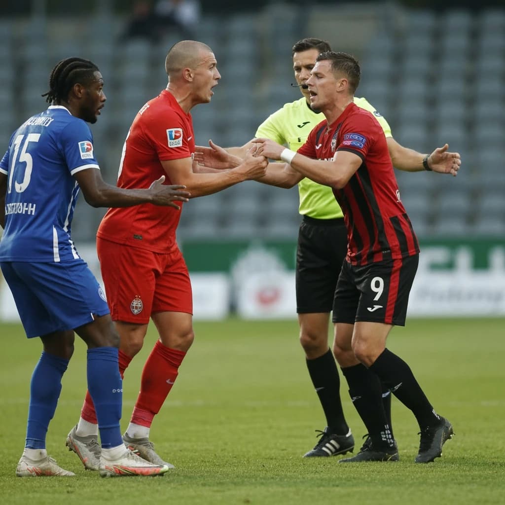 The soccer player clashes with the ref. It is thick and humid and the heat is getting to the players. His friend tries to pull him off before he causes any more trouble.