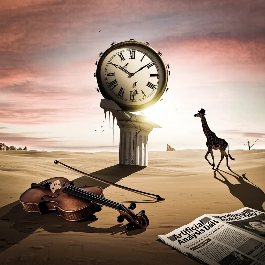 A vast desert plain stretches endlessly under a sky streaked with pale pink and ochre clouds. In the center stands a colossal clock, its face drooping and melting over the edge of a broken marble column. Ants swarm across its warped surface, glinting in the harsh sunlight. To the right, a horse with a giraffe like neck wearing a top hat strides toward the horizon, its shadow stretching miles across the sand. A cracked violin lies half-buried in the foreground, strings snapping outward like veins. Painted in the dreamlike surrealist style. A newspaper named the "Artificial Analysis Daily" lies on the Floor.