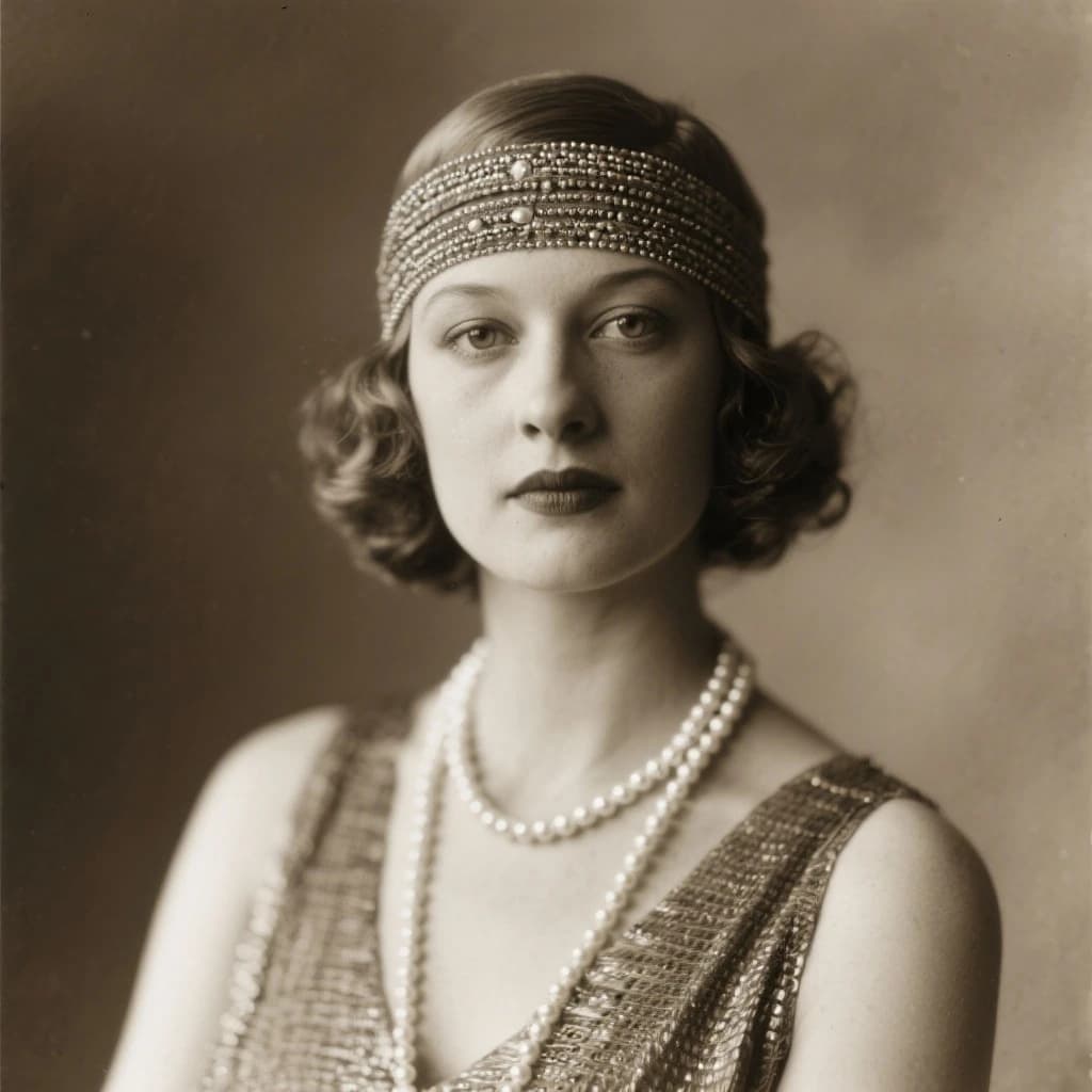 Sepia-toned studio portrait of a flapper with pearl necklace, soft grain.