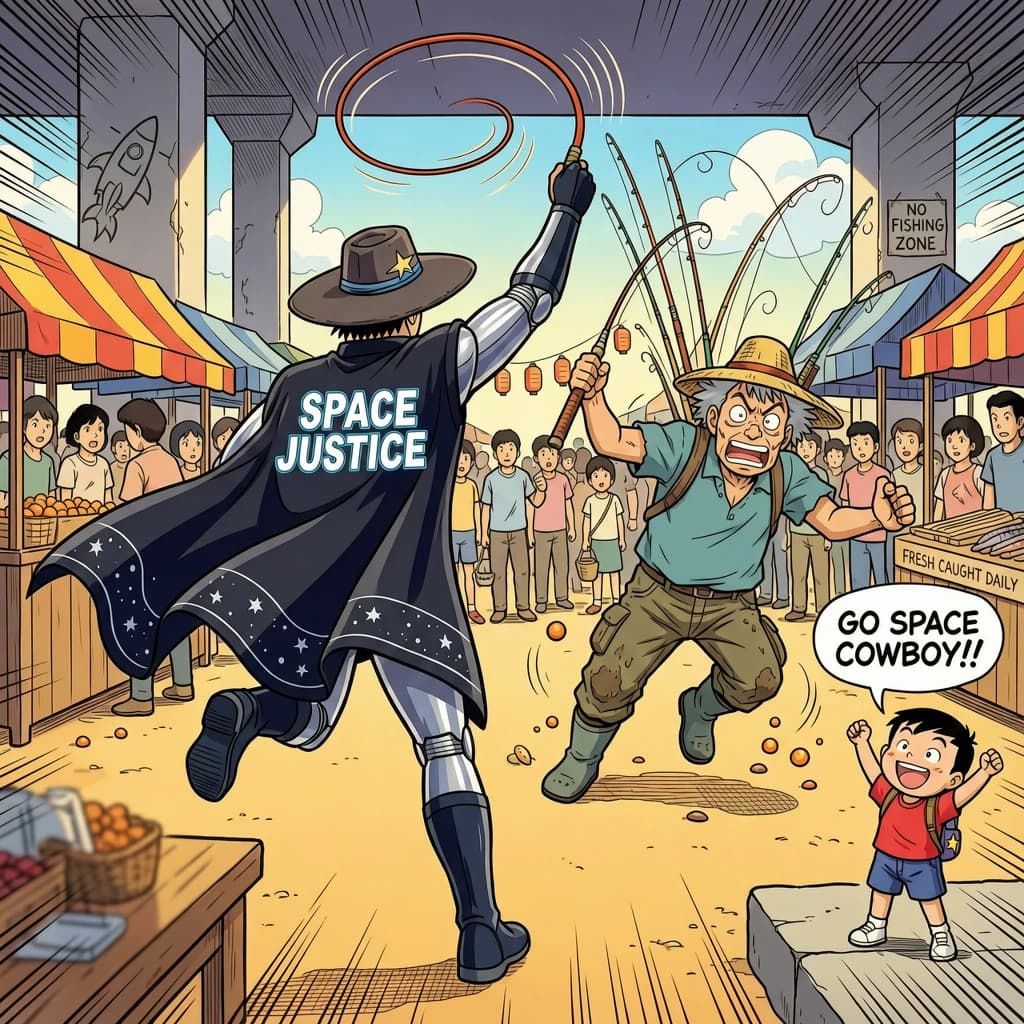 The space cowboy chases the deranged fisherman underneath the causeway, eager to collect on his bounty. Fishing rods and lines hang off the back off the fishermen as he darts between the bustling market crowd. We see the back of the space cowboy in his space poncho emblazoned with the words SPACE JUSTICE, spinning his lasso over his head. A child on the sidelines excitedly cheers the cowboy. 1990s hand drawn anime style with strong fluidity