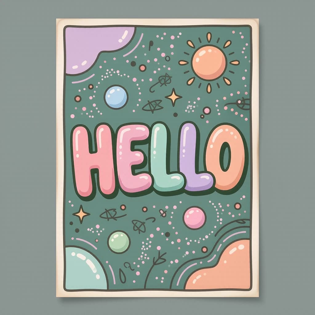 Make a bold bubble-letter poster that says HELLO, pastel palette, thick outline.