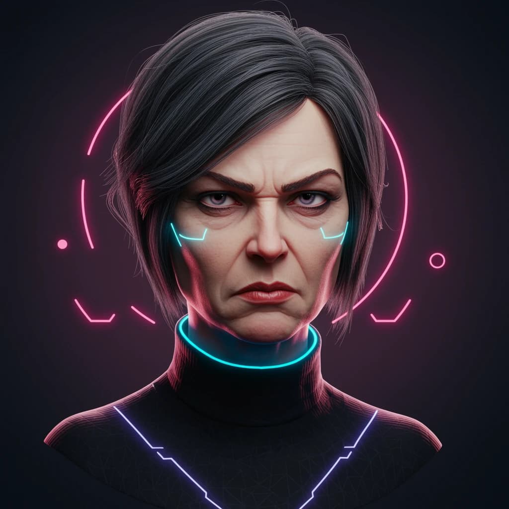 Render a stark 3D portrait of a stern woman, neon accents and vector overlays.