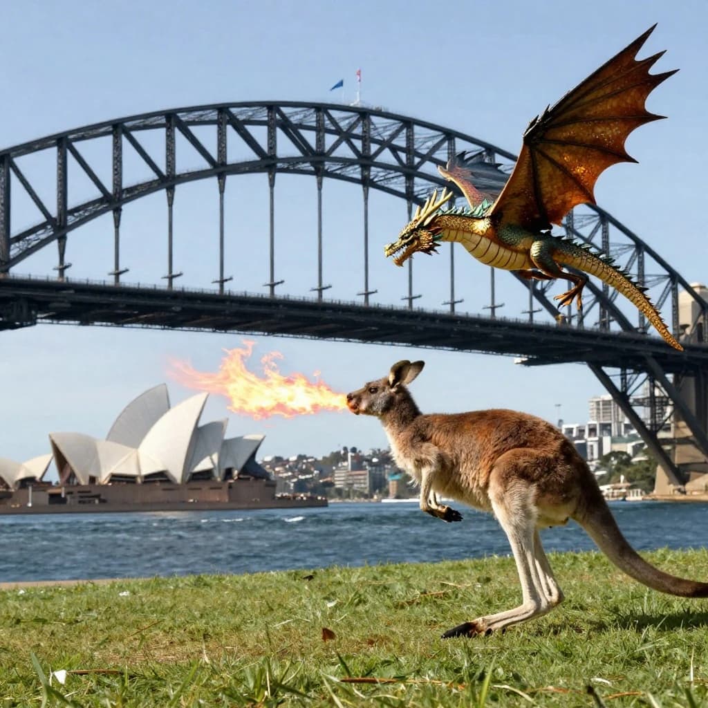 A dragon breathes fire at a kangaroo that is running away by climbing over the top of the Sydney Harbour Bridge. Opera House visible in the background.