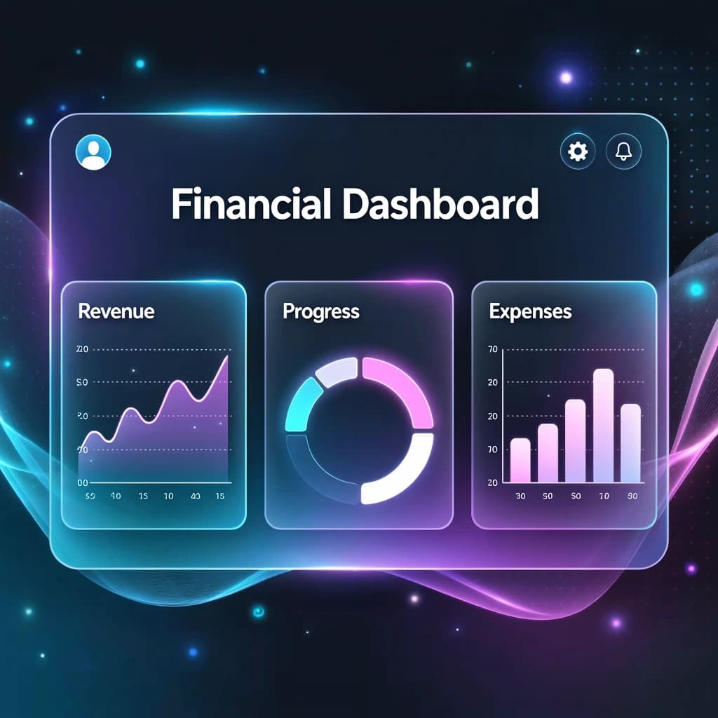 Make a dark mode finance dashboard with charts, glassmorphism, soft neon glow.
