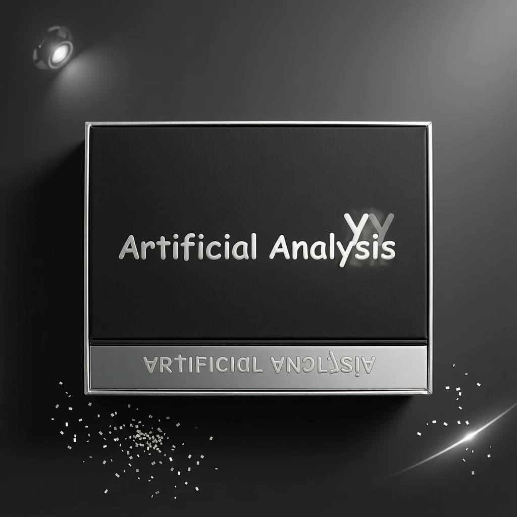 On the black box, silver foil embossing, centered: "Artificial Analysis" in Comic Sans Small Caps, perfectly justified. The letters are crisp, but the “Y” is duplicated faintly, ghosting right. On the box’s reflection, the word order is inverted: ARTIFICIAL ANALYSIS.