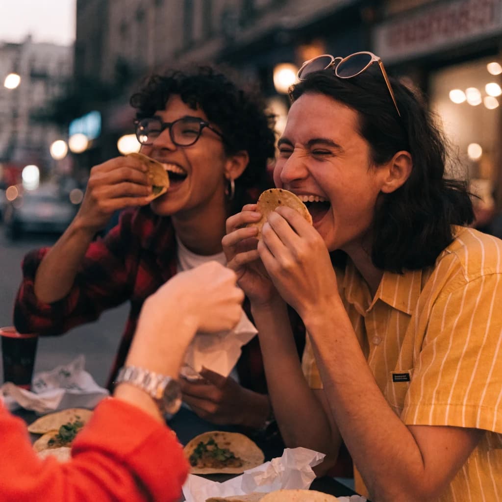 Friends laugh over street tacos at dusk, candid, shallow depth.