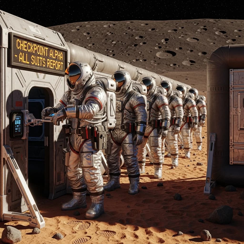 Silver exosuits queue at a dusty lunar checkpoint.