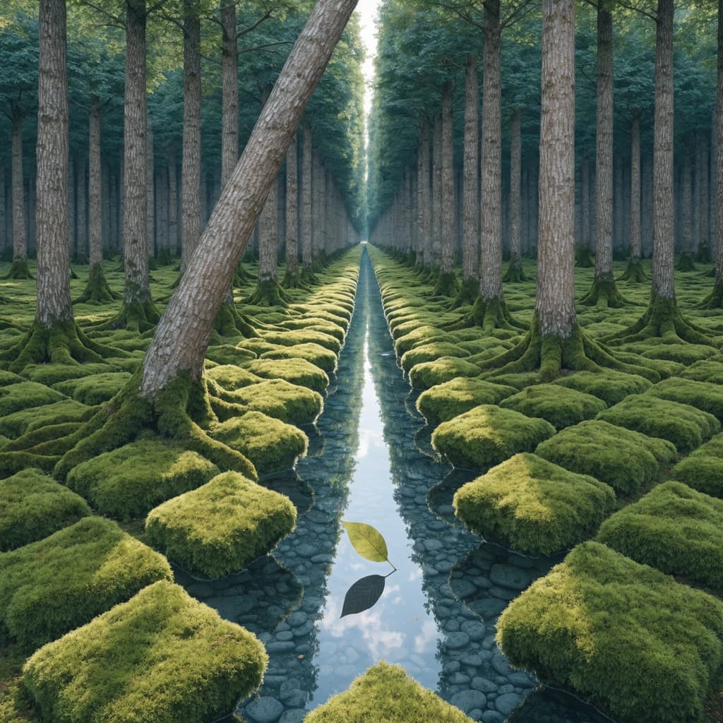 The forest is saturated green, trees identical in height and width, trunks straight, bark texture repeating. One trunk leans diagonally yet the branches remain vertical. The moss is emerald, glistening, though each patch forms identical diamond shapes. A stream runs straight, perfectly linear, water clear, reflecting clouds not visible in the sky. No animals, no insects, but one leaf floats on the water, doubled, showing two overlapping shadows.