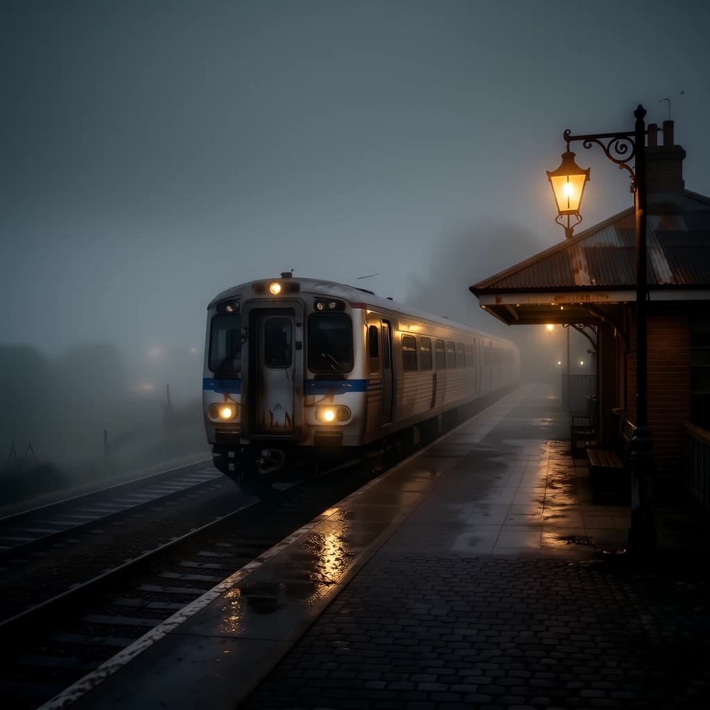A commuter train enters a foggy little station.