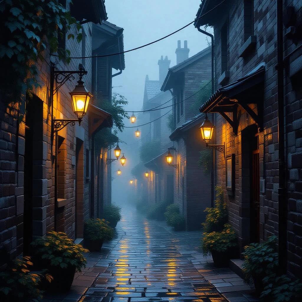 Please create an oil painting of a narrow alley, a bit foggy, glowing lanterns.
