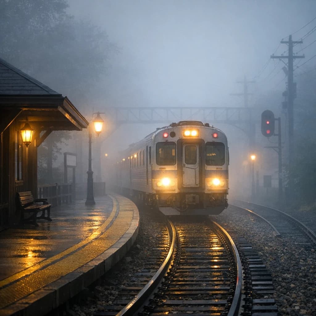 A commuter train enters a foggy little station.