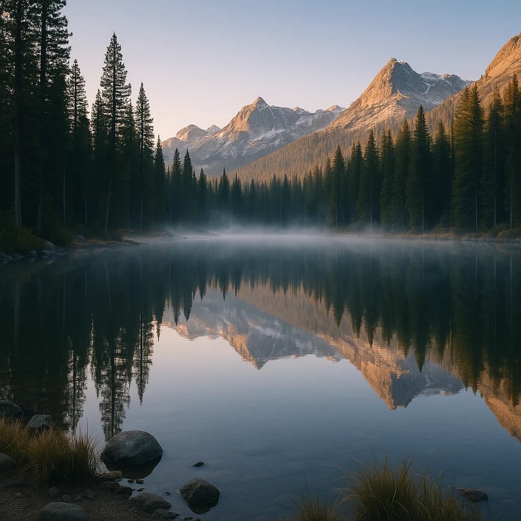 I want a photo of a misty alpine lake at dawn, pines, glassy water, warm light.
