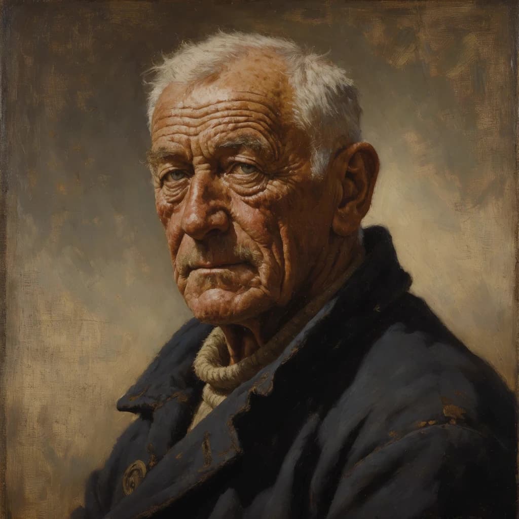 Oil on canvas portrait of an elderly sailor, weathered face, soft light.