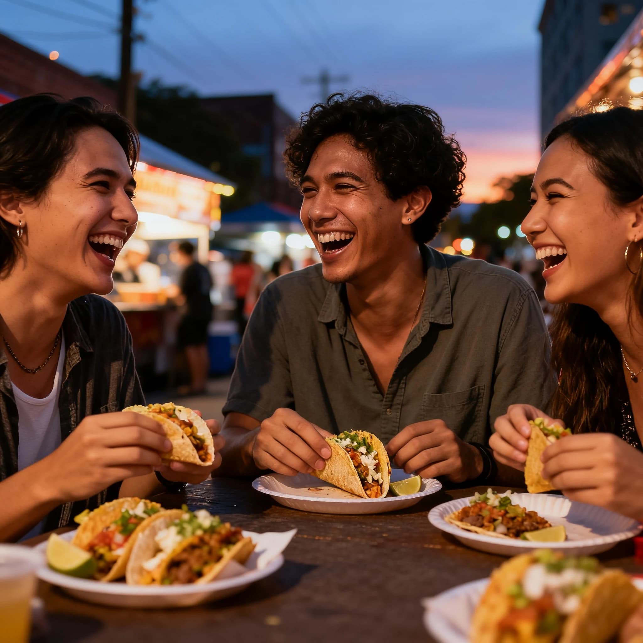 Friends laugh over street tacos at dusk, candid, shallow depth.