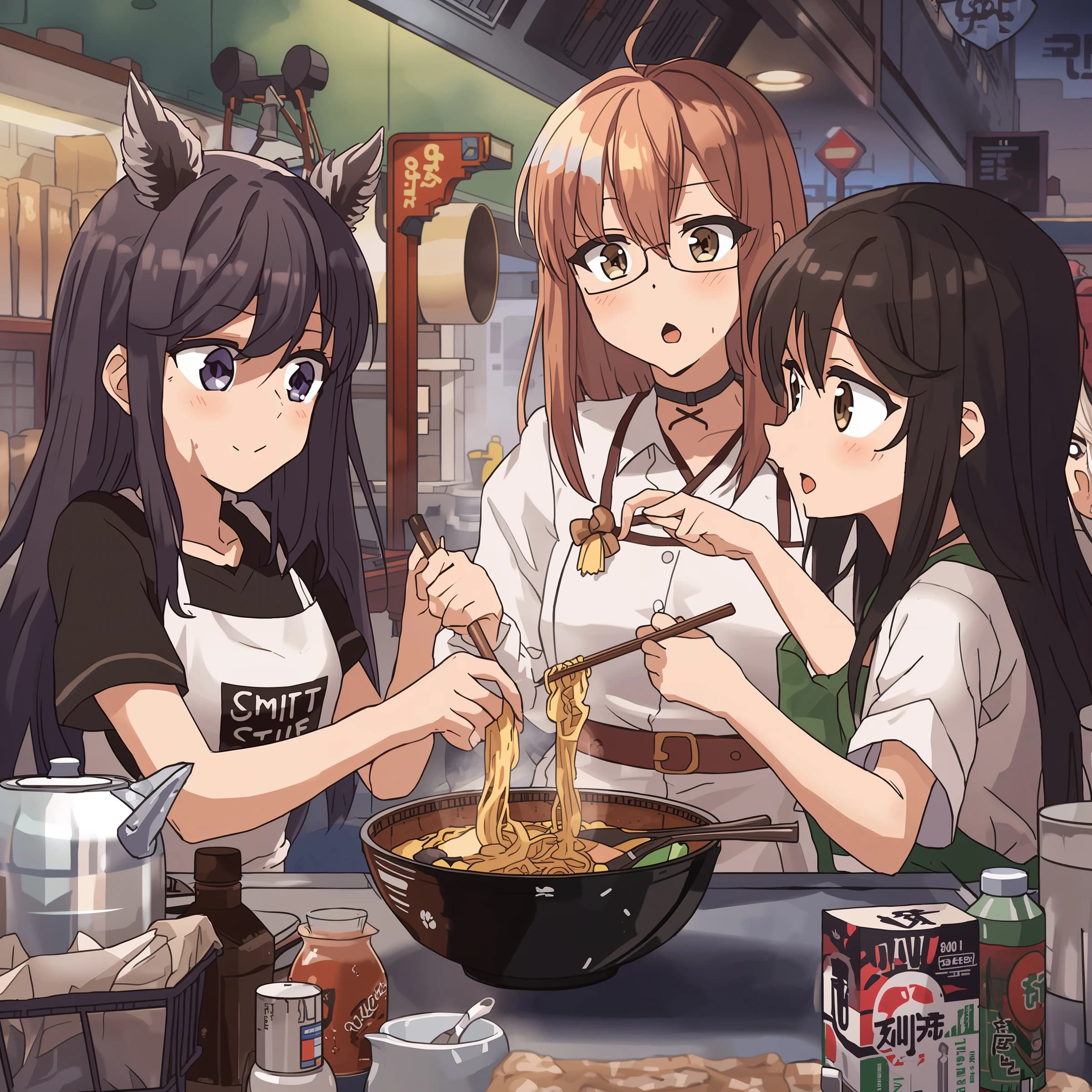 Club friends cooking ramen, steam rising, cel-shaded, city kitchen, big eyes.