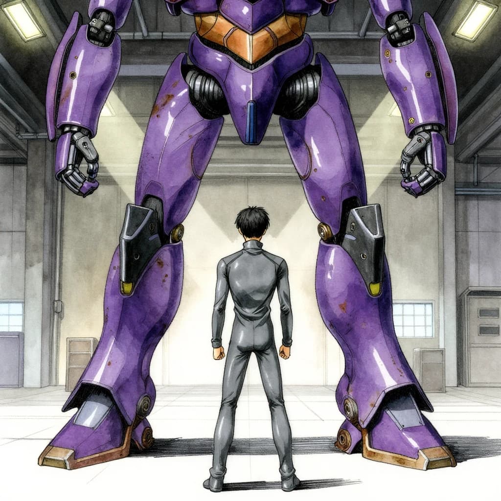 Clad in his body suit up to the neck, young Masa nervously approaches the towering mech with his back facing us. He is nervous for his first time in the field. The mech's bright purple colour scheme contrasts with the grey body suit. The scale of the mech dwarfs Masa. Hand drawn style