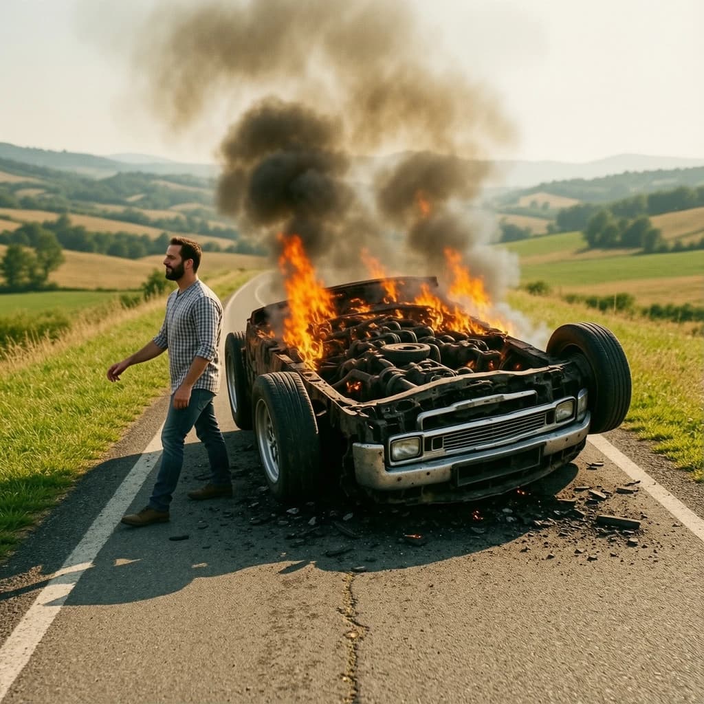 Mario examines the still smouldering wreck of the crash that took his best driver on the side of the country road. He designed this car and caused this. 3 days have passed since the crash. It's 1973 in Northern Italy.