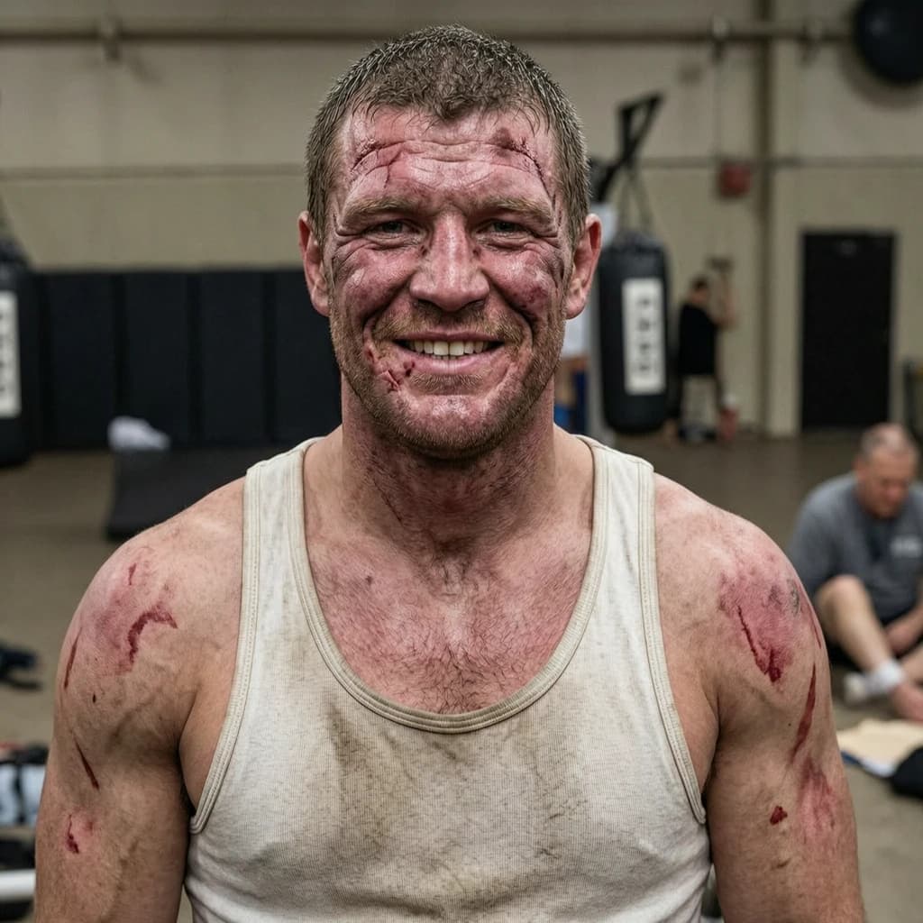 Paint a bruised boxer smiling, serious expression.