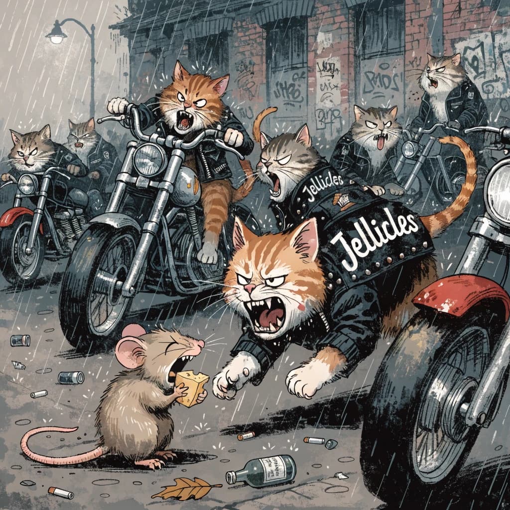 The cartoon rat clenches his thin wedge of cheese and trembles in fear as he hides from the menacing Jellicles, the roaming cat motorcycle gang, all wearing their colors with the name on the back. The cats have all drunk far too much milk and are causing a big ruckus! One cat is close to finding the rat