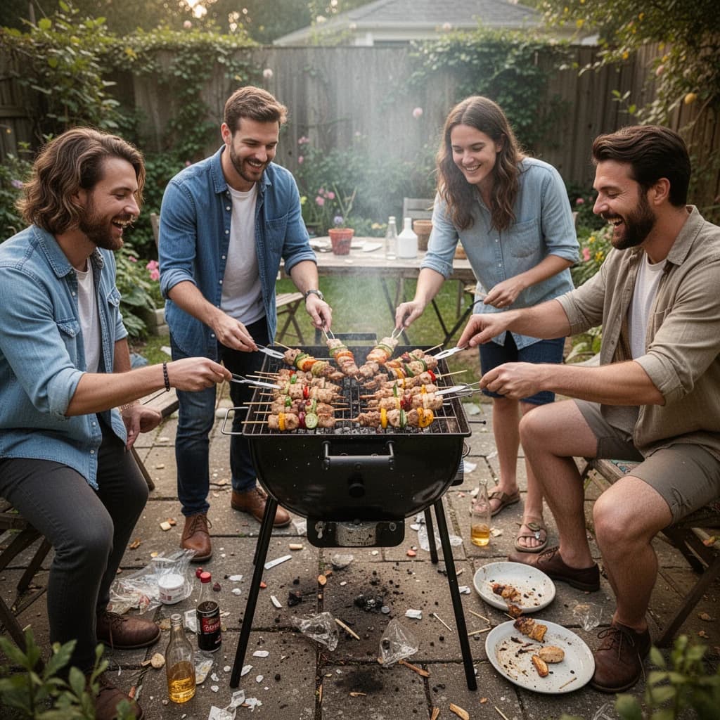 Friends grill skewers on a slightly messy patio.