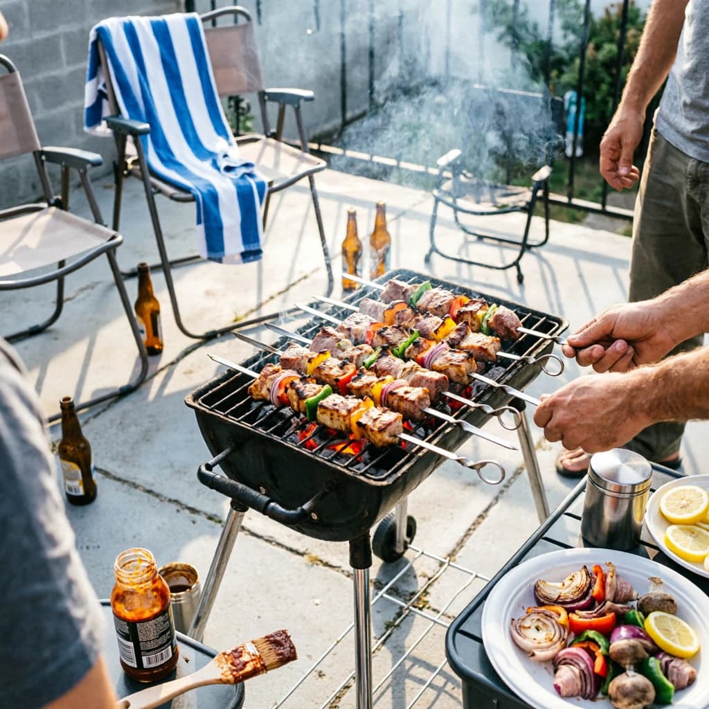 Friends grill skewers on a slightly messy patio.