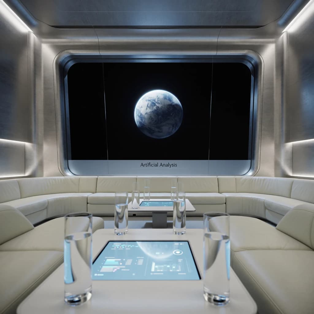 The orbital lounge has brushed aluminum walls and pale leather banquettes. Low white tables are inset with glowing touchscreens. Drinks are clear, flavorless, in tall unmarked glasses. The viewport is floor-to-ceiling, showing Earth moving slowly beneath. The word Artificial Analysis is etched discreetly on the glass in a frosted band.