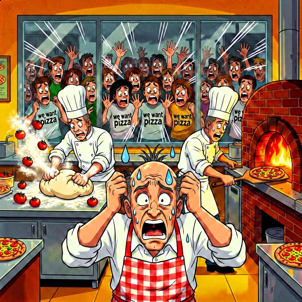 Pasquale is pulling his few remaining hairs out over a disaster at the pizzeria - the cooks are working as fast as they can but the crowds outside are swelling and they demand hot hot pizza! They are banging on the glass and some are wearing "we want pizza" shirts. 1980s western TV animation style.