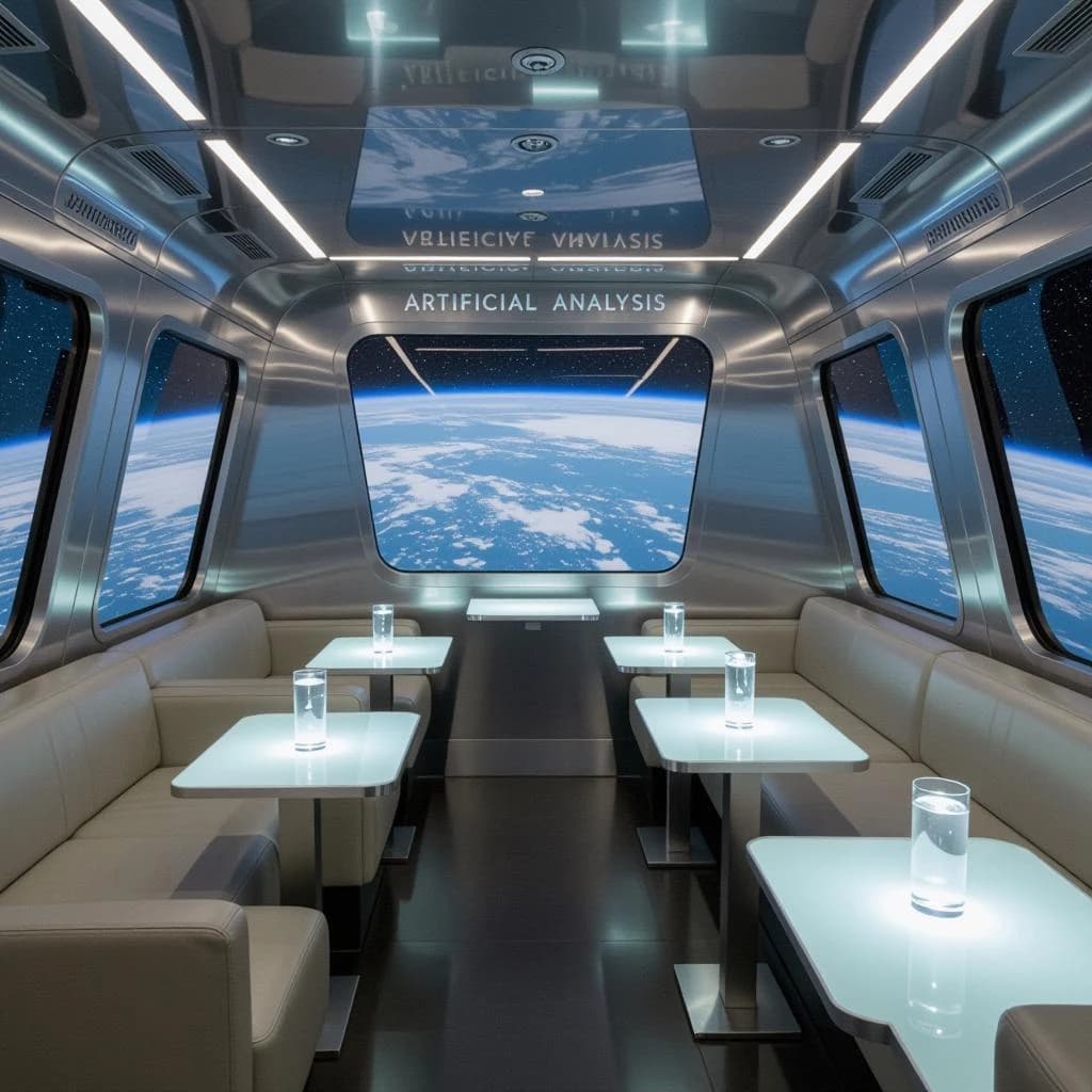 The orbital lounge has brushed aluminum walls and pale leather banquettes. Low white tables are inset with glowing touchscreens. Drinks are clear, flavorless, in tall unmarked glasses. The viewport is floor-to-ceiling, showing Earth moving slowly beneath. The word Artificial Analysis is etched discreetly on the glass in a frosted band.