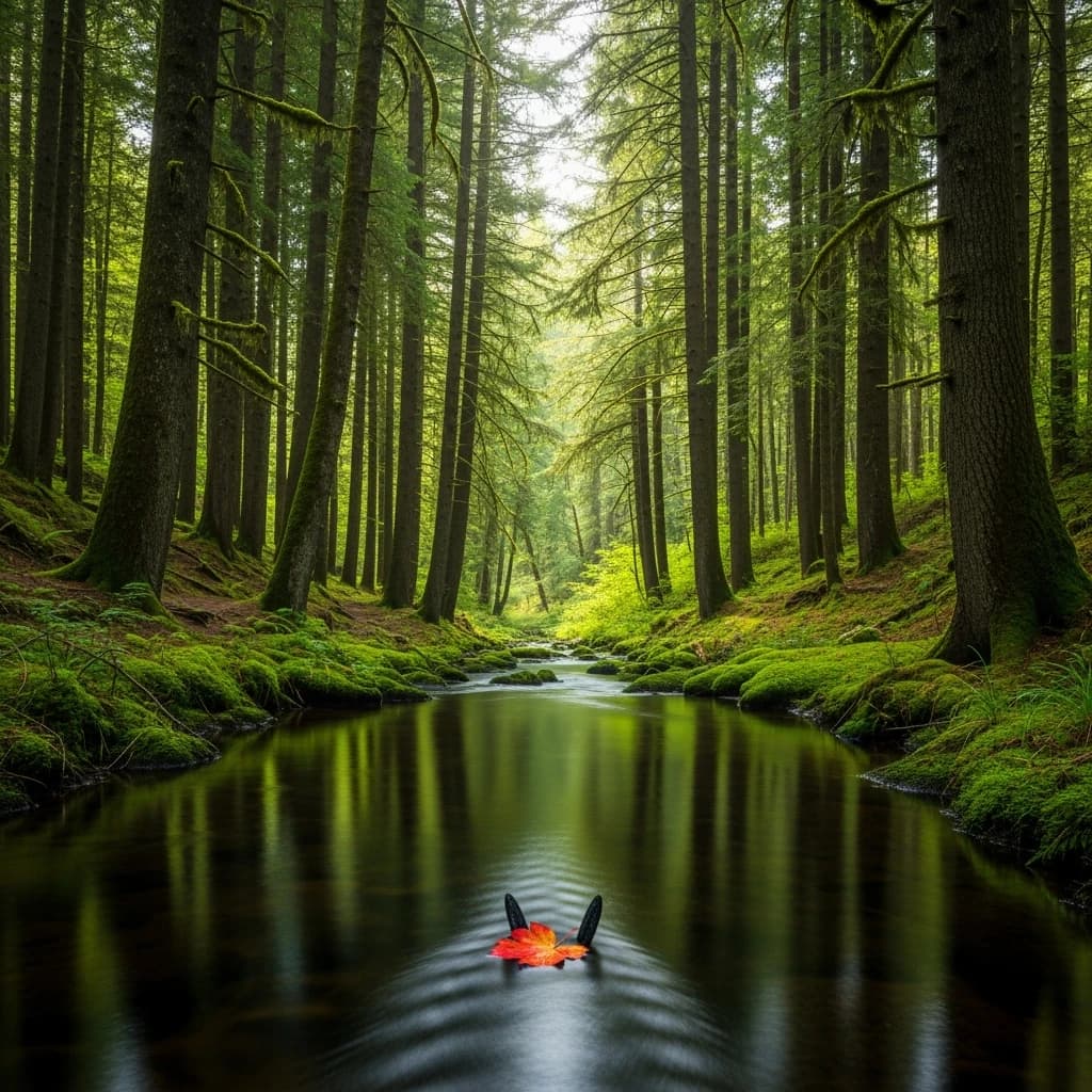 The forest is saturated green, trees identical in height and width, trunks straight, bark texture repeating. One trunk leans diagonally yet the branches remain vertical. The moss is emerald, glistening, though each patch forms identical diamond shapes. A stream runs straight, perfectly linear, water clear, reflecting clouds not visible in the sky. No animals, no insects, but one leaf floats on the water, doubled, showing two overlapping shadows.