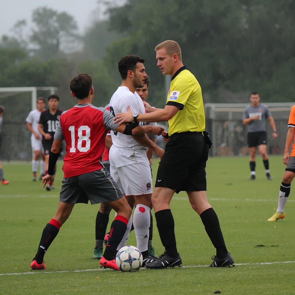 The soccer player clashes with the ref. It is thick and humid and the heat is getting to the players. His friend tries to pull him off before he causes any more trouble.