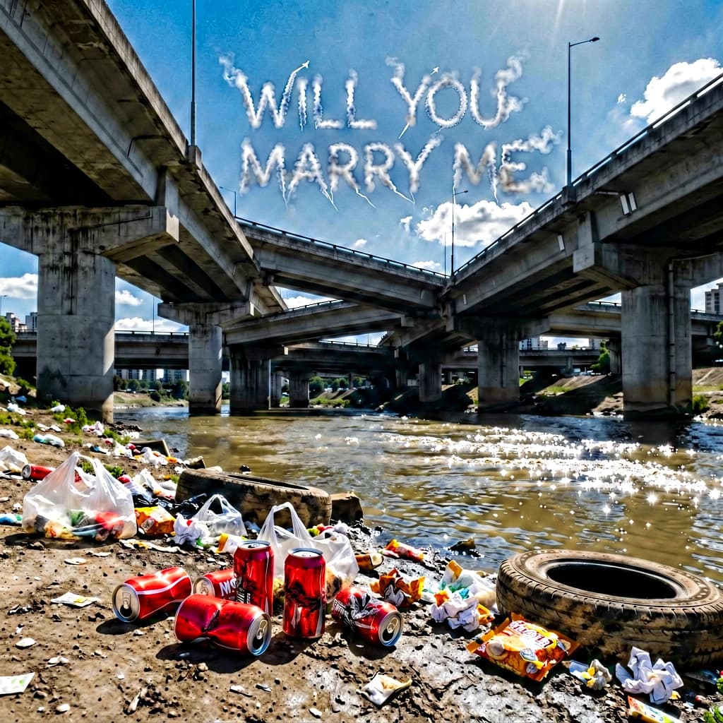 Red soda cans and other garbage sit strewn across the bank of an urban river only a few metres wide. Concrete overpasses criss cross overhead on a bright and sunny day. Fading skywriting proposes marriage