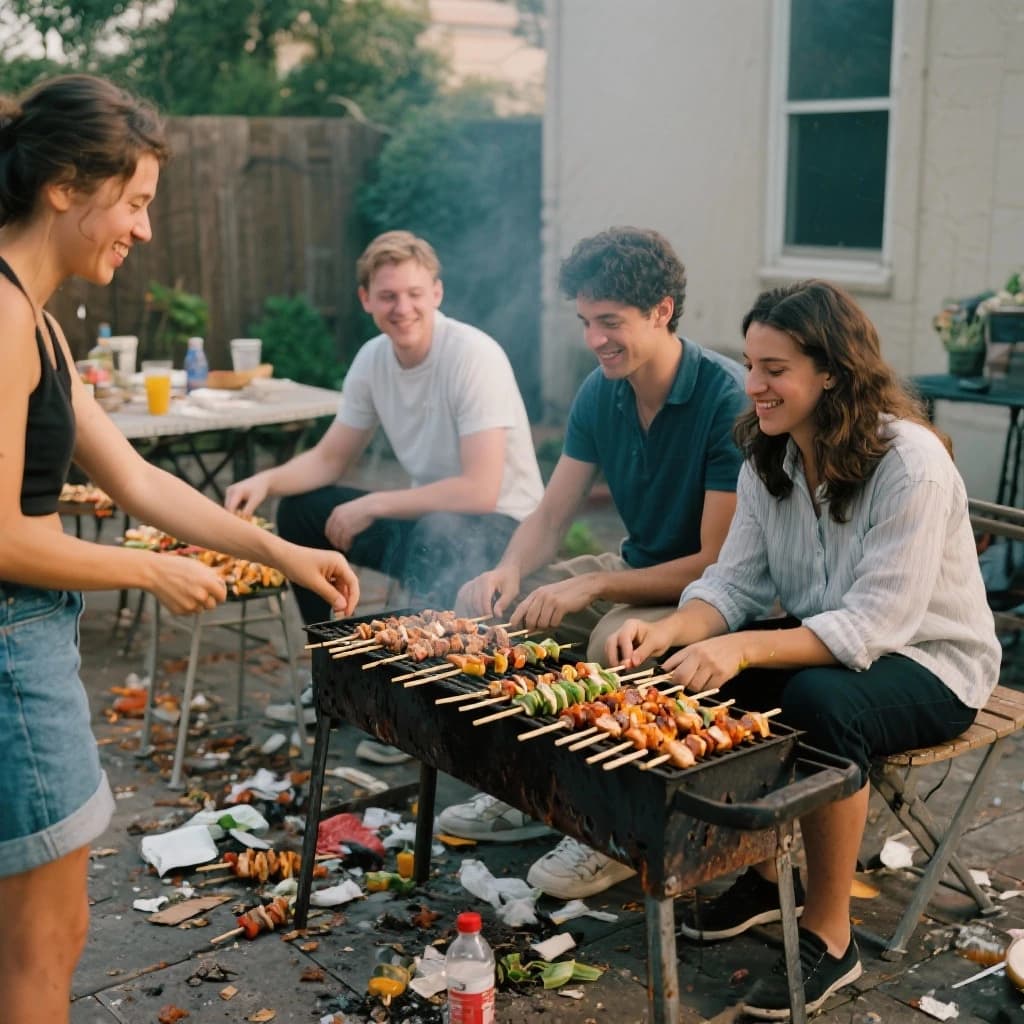 Friends grill skewers on a slightly messy patio.