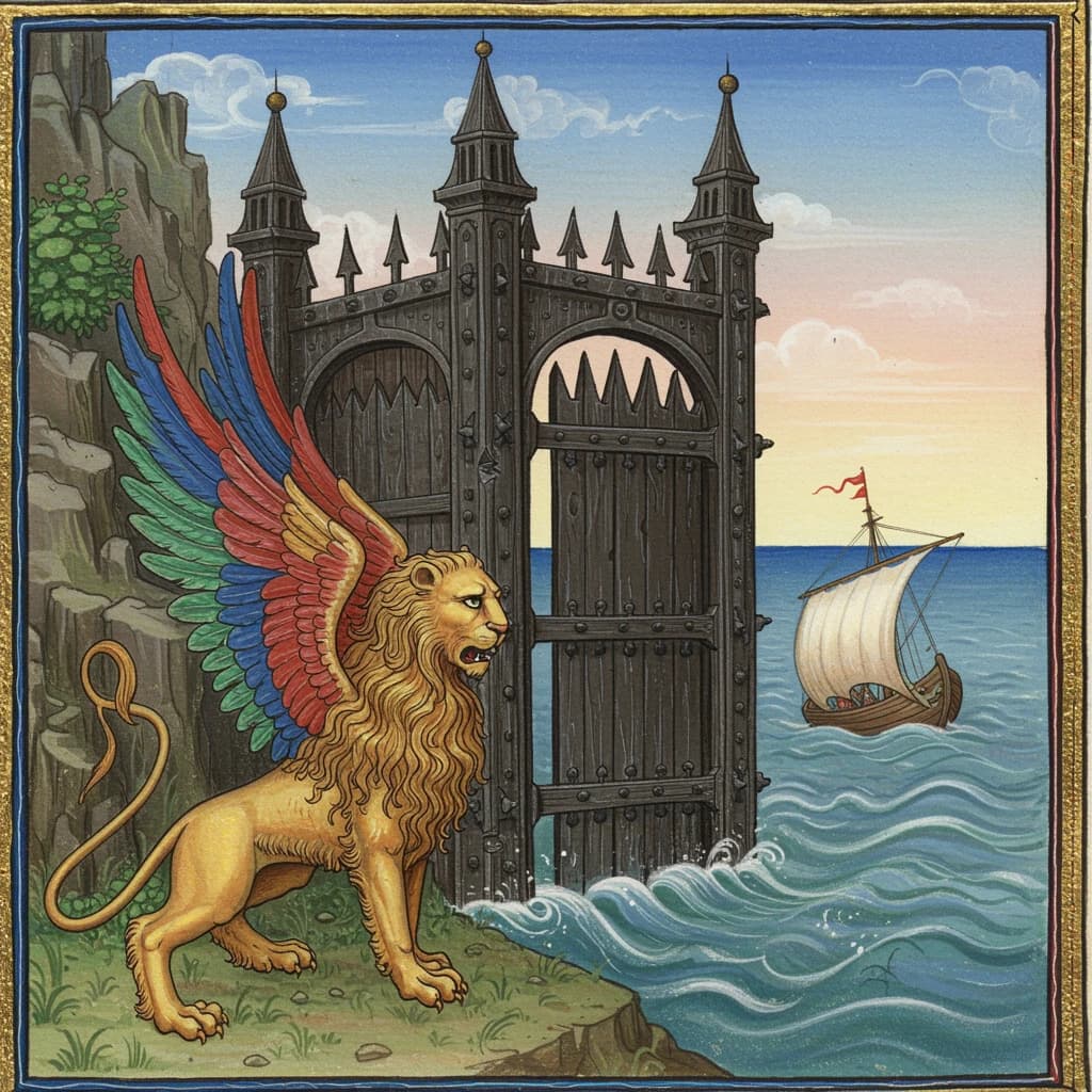 Paint an illuminated manuscript scene of a winged lion guarding a sea gate.