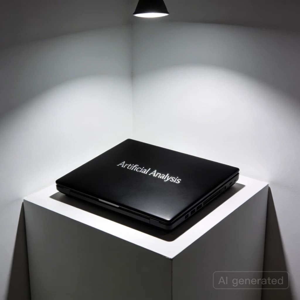 A premium matte black laptop-sized box rests on a pure white pedestal within a gallery space. Overhead, a single spotlight carves sharp contrast, leaving the edges in deep shadow. The brand name Artificial Analysis is embossed in silver foil, glinting faintly as though it were jewelry.