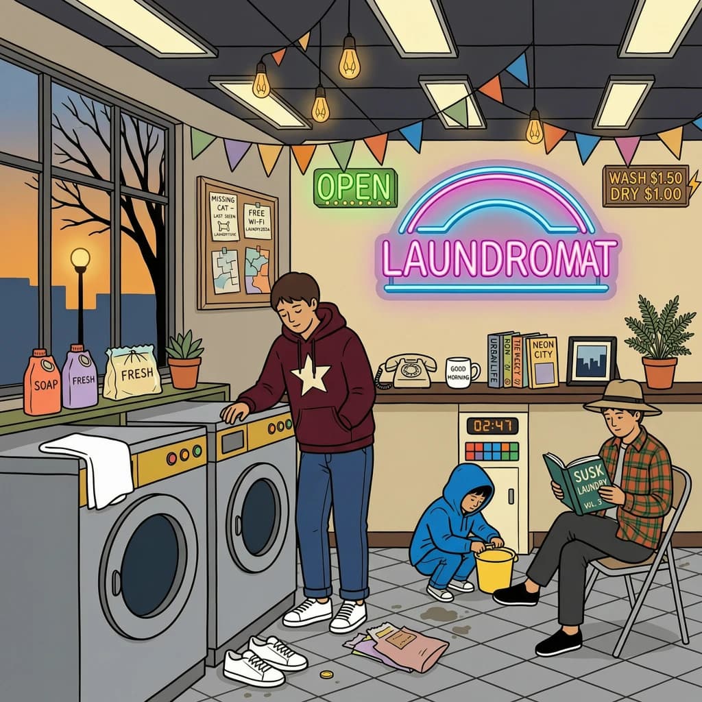 A cozy laundromat at dusk, neon humming, flat colors, bold inked lines.