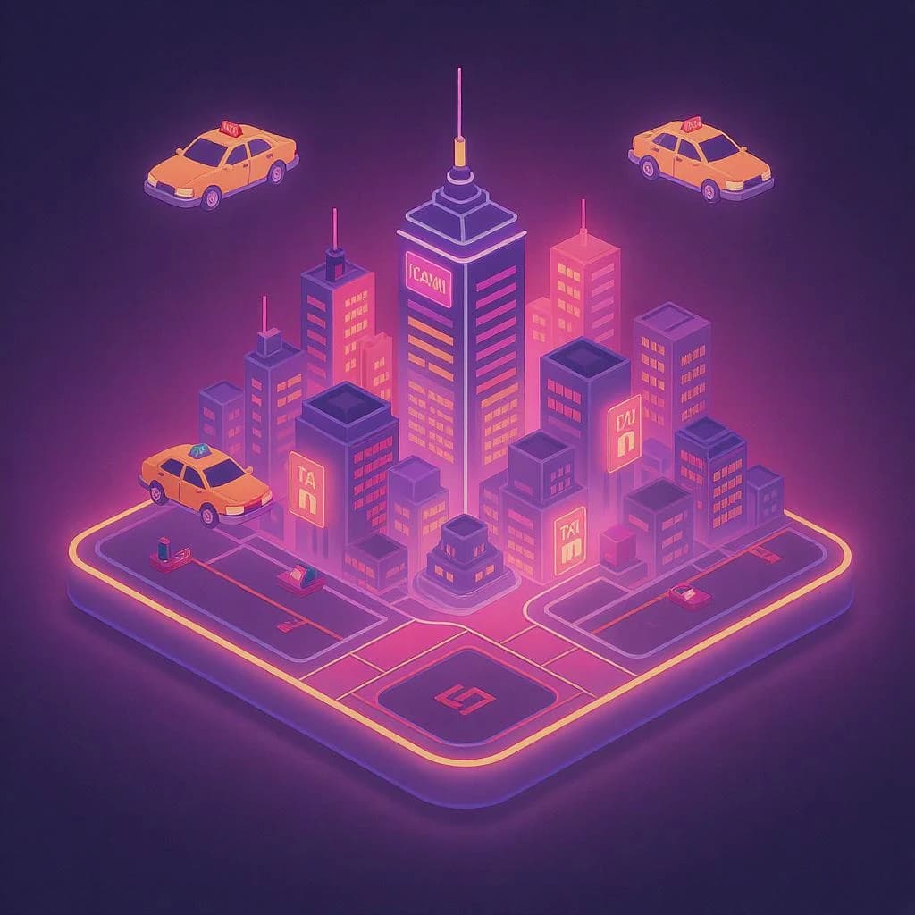 Design an isometric neon city with hovering taxis, clean lines, soft glow.