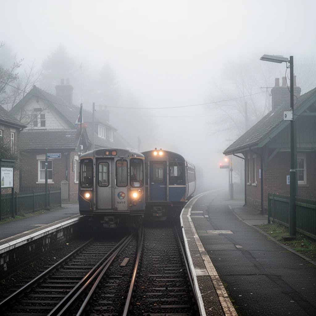A commuter train enters a foggy little station.