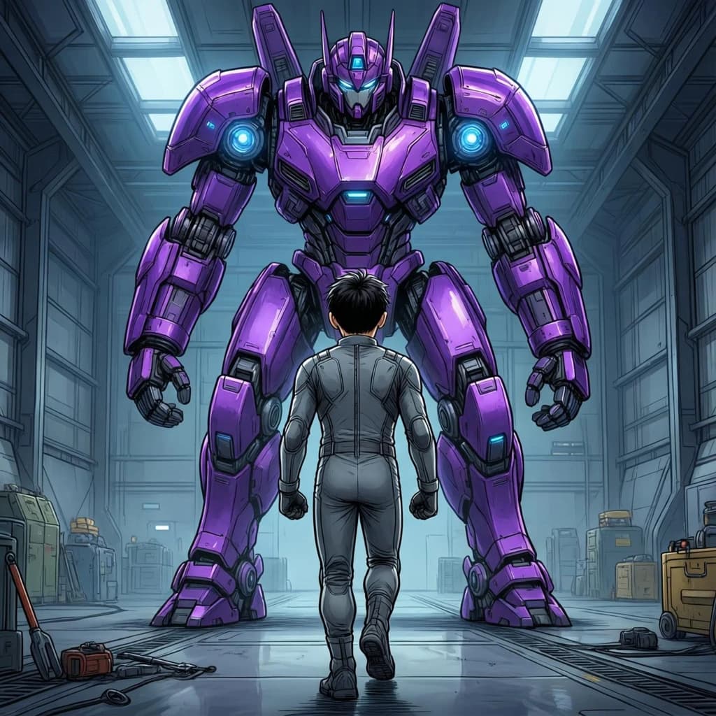 Clad in his body suit up to the neck, young Masa nervously approaches the towering mech with his back facing us. He is nervous for his first time in the field. The mech's bright purple colour scheme contrasts with the grey body suit. The scale of the mech dwarfs Masa. Hand drawn style